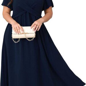 Women Plus Size Midi Dress Short Sleeve V Neck Flowy A Line Smocked Summer